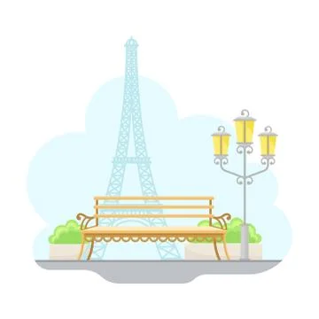 Paris Street View with Eiffel Tower and Bench Vector Illustration Stock Illustration