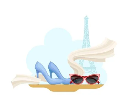 Paris Street View with Eiffel Tower and Clothing Items Vector Illustration Stock Illustration