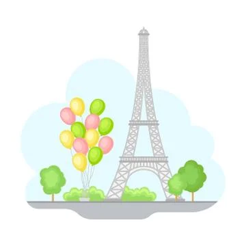 Paris Street View with Eiffel Tower and Bunch of Balloons Vector Illustration Stock Illustration