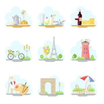 Paris Street Views with Eiffel Tower and Windmill Vector Illustrations Set Stock Illustration