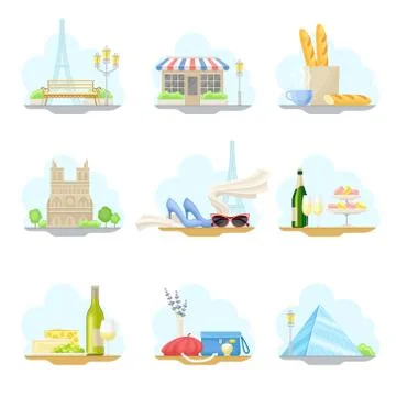 Paris Street Views with Eiffel Tower and Louvre Pyramid Vector Illustrations Set Stock Illustration
