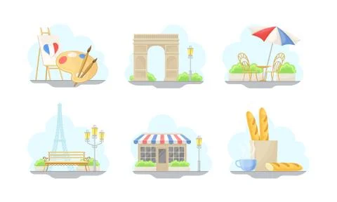 Paris Street Views with Eiffel Tower and Baguette Vector Illustrations Set Stock Illustration