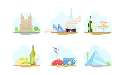 Paris Street Views with Eiffel Tower and Cathedral Church Vector Illustrations Stock Illustration