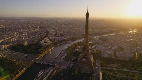 Paris Streets And Eiffel Tower At Sunset, Aerial Stock Footage 249644782