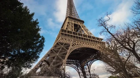 Paris sunny day eiffel tower park down to top panorama 4k time lapse france Stock Footage 74683237