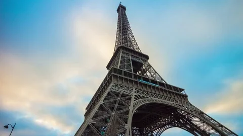 Paris sunset down to top symbol eiffel tower panorama 4k time lapse france Video stock 74683207