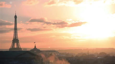 Paris at Sunset with Eiffel Tower from Galeries Lafayette, France.  Stock Footage 255621775