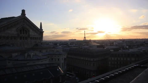 Paris at Sunset with Eiffel Tower from Galeries Lafayette, France.  Stock Footage 255621799