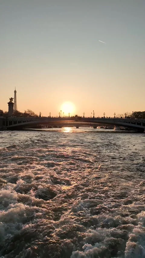 Paris Sunset Over Seine River With Eiffel Tower And Landmarks 4K Stock Footage 331743030