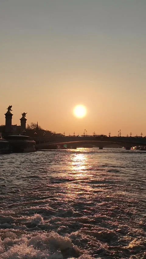 Paris Sunset Over Seine River With Eiffel Tower And Landmarks 4K Stock Footage 331743040