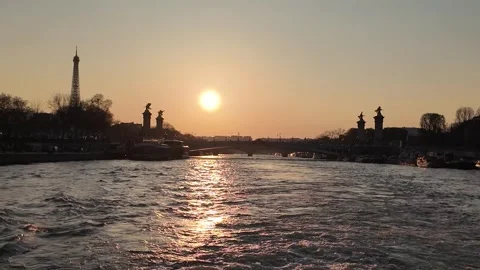 Paris Sunset Over Seine River With Eiffel Tower And Landmarks 4K Stock Footage 331743055