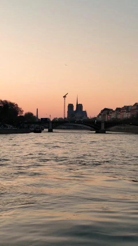 Paris Sunset Over Seine River With Eiffel Tower And Landmarks 4K Stock Footage 331743143