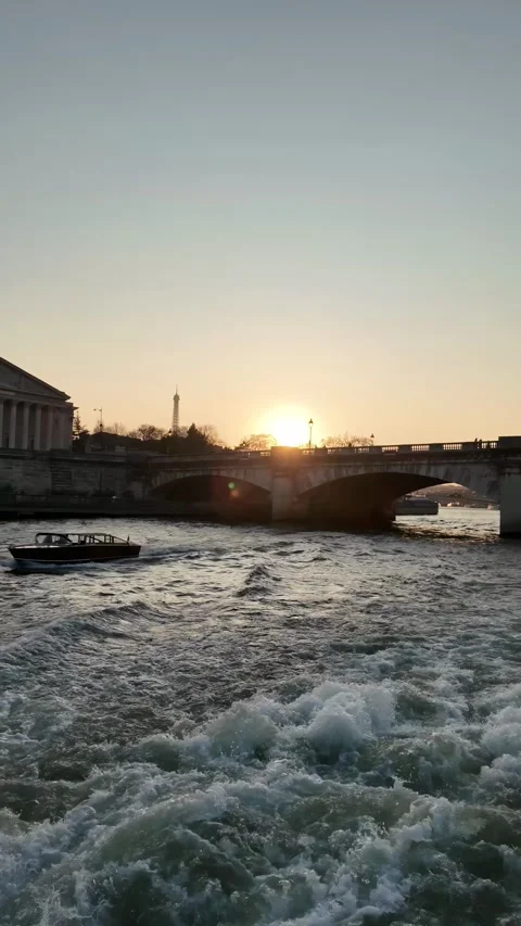 Paris Sunset Over Seine River With Eiffel Tower And Landmarks 4K Stock Footage 331743144