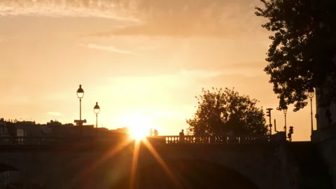 Paris Sunset Sun Rays Silhouette Trees Street Lights Golden Hour Stock Footage 333877758