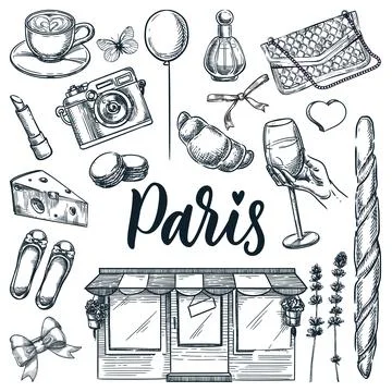 Paris symbols and design elements. Vector hand drawn sketch illustrations. .. Stock Illustration