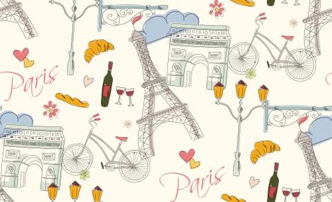 Paris symbols, postcard, seamless pattern, hand drawn Stock Illustration