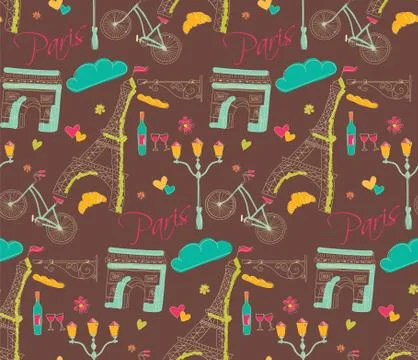 Paris symbols, postcard, seamless pattern, hand drawn Illustrazione stock