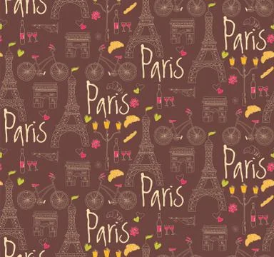 Paris symbols, postcard, seamless pattern, hand drawn 스톡 일러스트