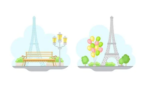 Paris symbols set. The Eiffel Tower France sign vector illustration Stock Illustration