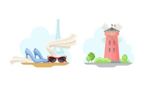 Paris symbols set. Eiffel Tower, fashion, ancient windmill French signs vector Stock Illustration