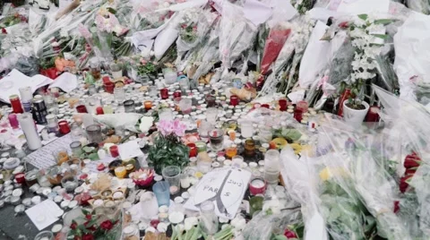 Paris terror attacks - Bataclan memorial / Shrine Stock Footage 57245638