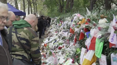 Paris terror attacks - Bataclan memorial / Shrine Stock Footage 57245651