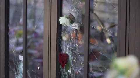 Paris terror attacks - bullet holes impact at café la bonne bière Stock Footage