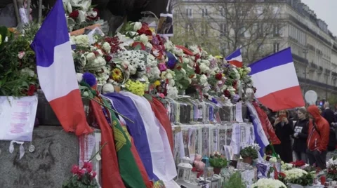 Paris terror attacks shooting - Shrine place de la République Stock Footage 57245760