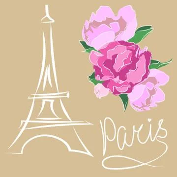 Paris text with eiffel tower and flower. Vector illustration. Stock Illustration