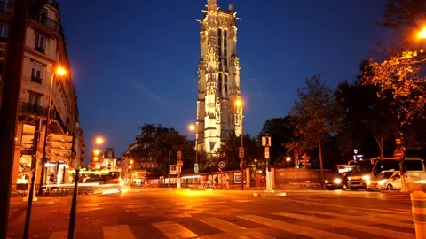 Paris Timelapse: gothic tower by night Stock Footage 137574719