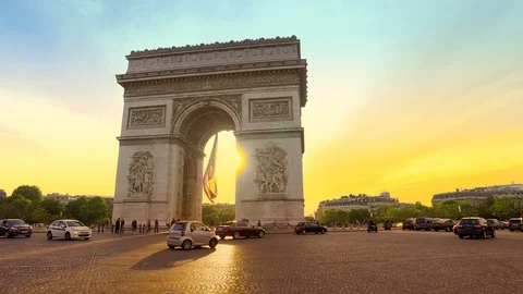 Paris, Traffic at Arc De Triomphe at sunset Stock Footage 91452792