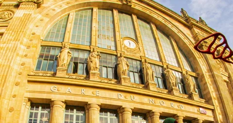 Paris Train Station Day Timelapse Sun Gare Du Nord Statues and Clock, France Stock Footage 257624582