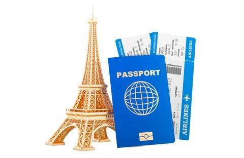 Paris travel concept. Eiffel Tower with passport and boarding passes. 3d re.. Stockillustratie