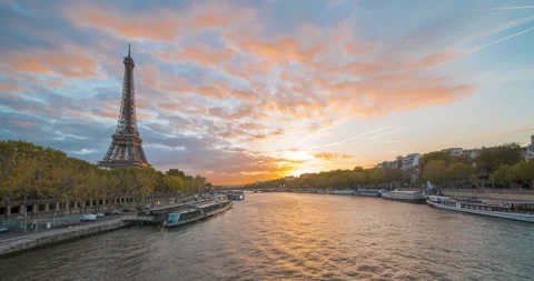 Paris Travel Sunset Timelapse: Eiffel Tower and Seine River in France, Europe. Stock Footage 245130372