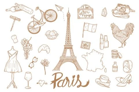 Paris vector hand draw set illustration - Out line Stock Illustration