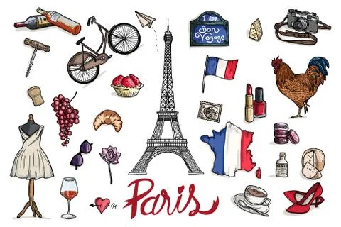 Paris vector hand draw set illustration Stock Illustration