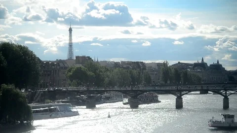 Paris view of river Seine and the Eiffel tour - Summer Day Stock Footage 76407501