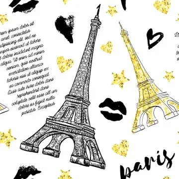 Paris. Vintage seamless pattern with Eiffel Tower, kisses, hearts and stars Stock Illustration