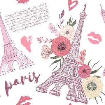 Paris. Vintage seamless pattern with Eiffel Tower, kisses, hearts Stock Illustration