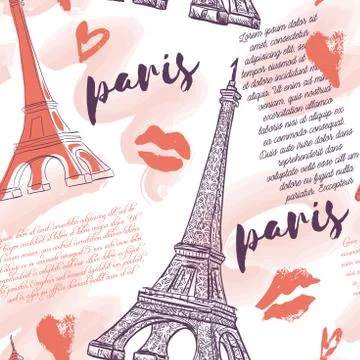Paris. Vintage seamless pattern with Eiffel Tower, kisses, hearts Stock Illustration