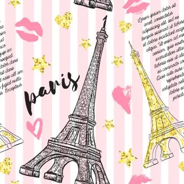 Paris. Vintage seamless pattern with Eiffel Tower, kisses, hearts and stars Stock Illustration
