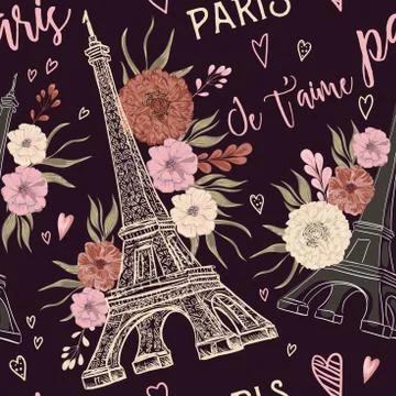 Paris. Vintage seamless pattern with Eiffel Tower, hearts and floral elements Stock Illustration