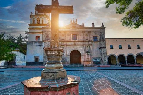 Parish of San Juan Bautista on Hidalgo square in Coyoacan Stock Photos