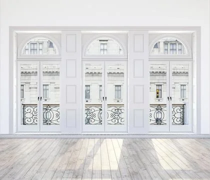 Parisian apartment interior 3d render with arched high windows, wooden floor and Stock Illustration