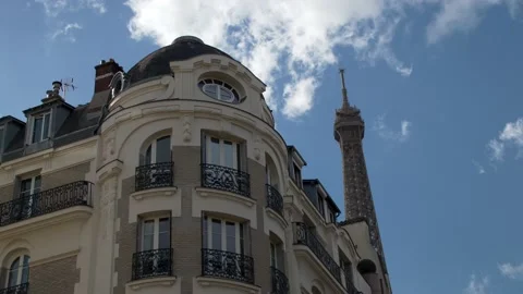 Parisian building facade with tour eiffel view. City Center of Paris. Video 4K Video stock 237013217