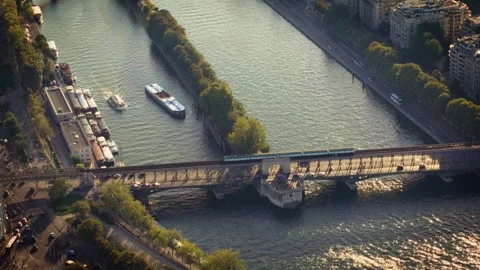 Parisian Charm Concept Super 8 Film Aerial Of Seine River Bridges And Boats In Stock Footage 330317680