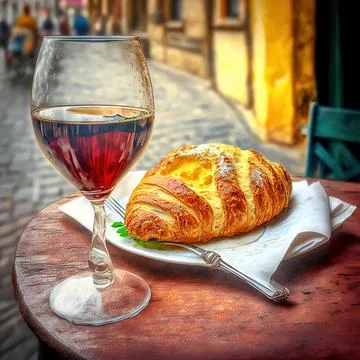 Parisian Delight. Croissant and Wine. Culinary experience, pairing. Stock Illustration