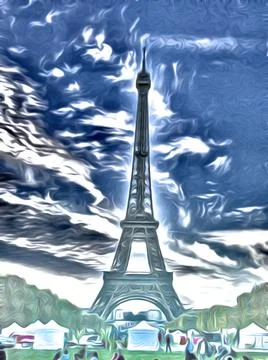 Parisian life on background of Eiffel tower, pictorial Stockillustratie