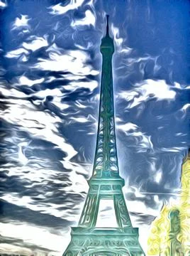 Parisian life on background of Eiffel tower, pictorial Stockillustratie