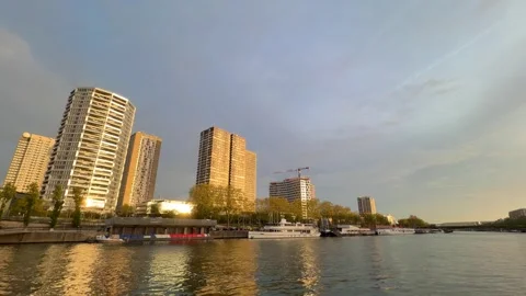 Parisian modern architecture along the river Seine Stock Footage 336338459